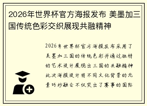 2026年世界杯官方海报发布 美墨加三国传统色彩交织展现共融精神 2026年世界杯官方海报发布 美墨加三国传统色彩交织展现共融精神