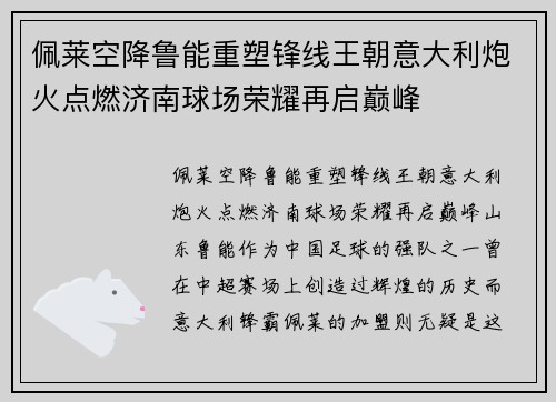佩莱空降鲁能重塑锋线王朝意大利炮火点燃济南球场荣耀再启巅峰